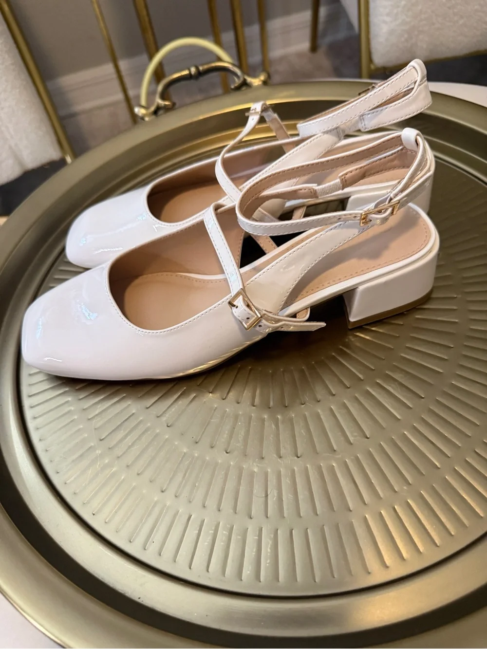 Classic White Patent Slingback Block Heel Pumps